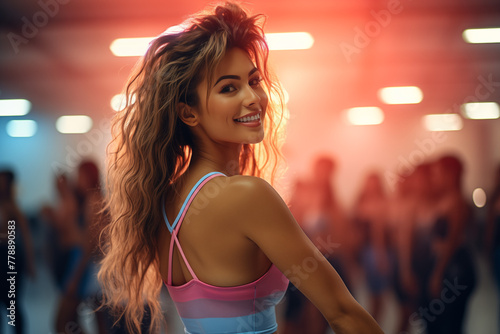 women aerobics class gym blonde slender slim fit woman enjoys herself smile, fun, joy natural lighting warm charm golden hour