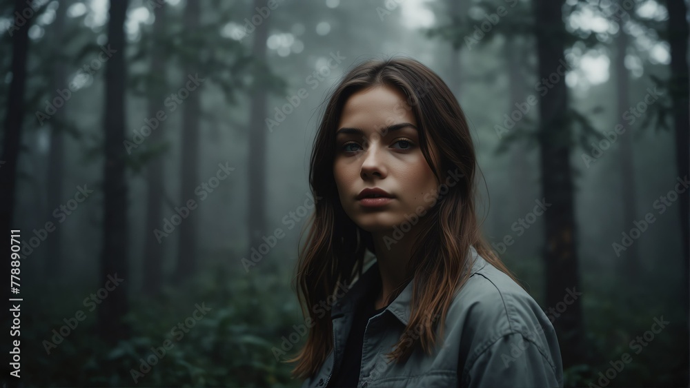 beautiful young woman portrait on foggy dark forest backround from Generative AI
