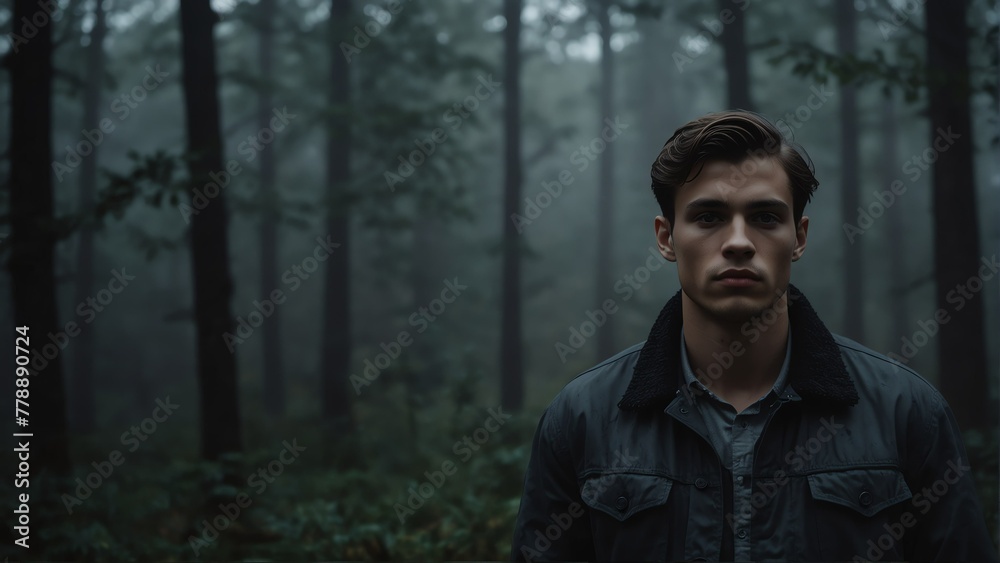 handsome young man portrait on foggy dark forest backround from Generative AI