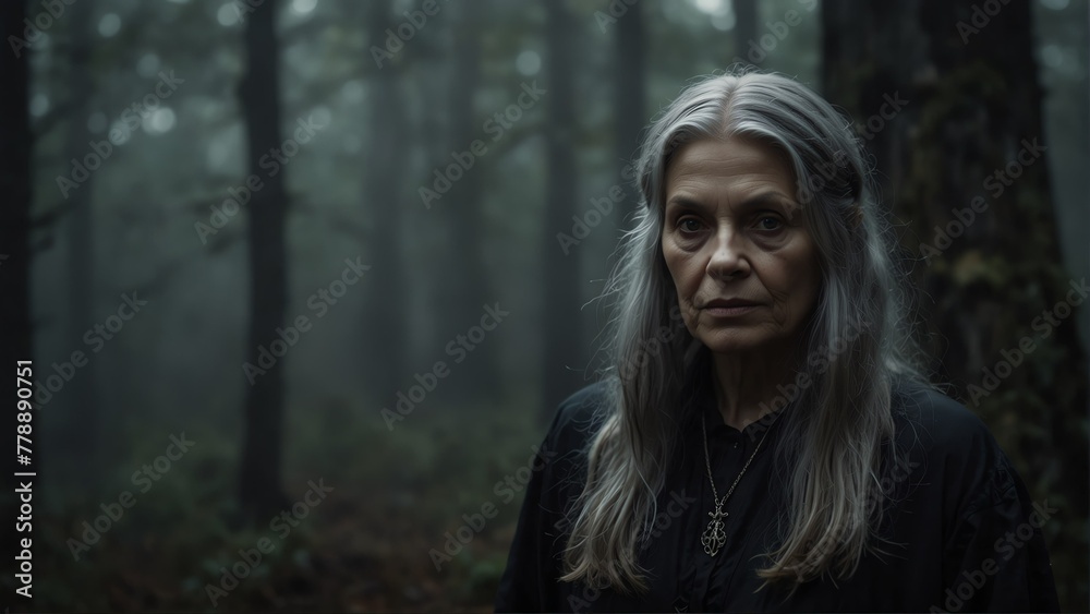 old witch portrait on foggy dark forest backround from Generative AI