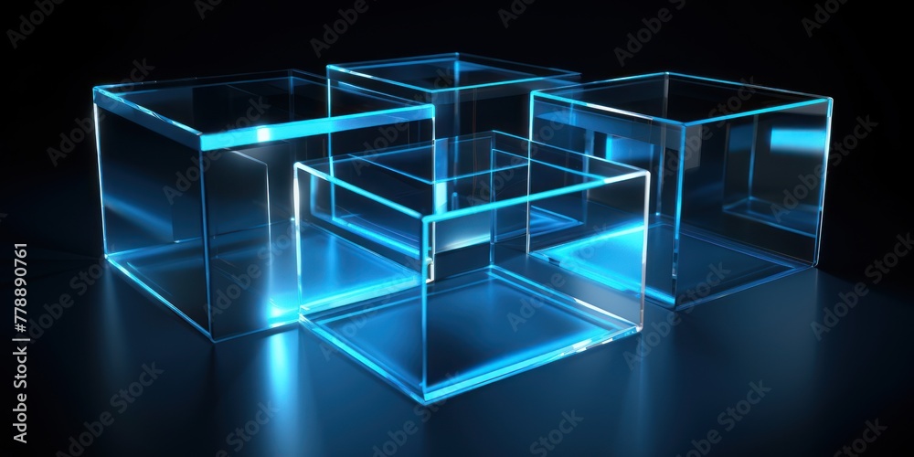 Blue glass cube abstract 3d render, on black background with copy space minimalism design for text or photo backdrop