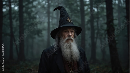 old wizard portrait on foggy dark forest backround from Generative AI