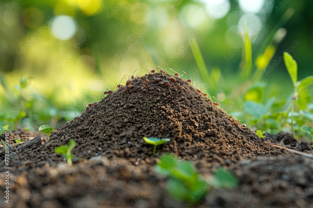 A detailed image showing an anthill with red ants in their natural habitat surrounded by green foliage A detailed image showing an anthill with red ants in their natural habitat surrounded by green foliage
