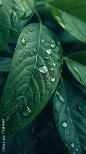 Macro shot of green leaf with water droplets. Details of nature's perfection