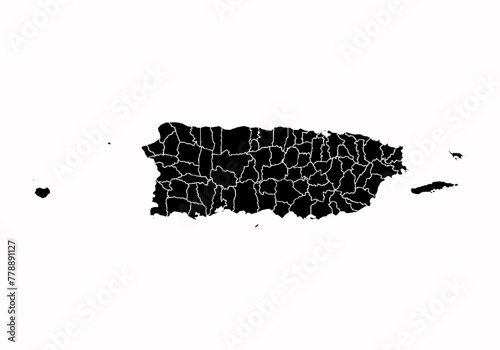 Mapa negro de Puerto Rico en fondo blanco.