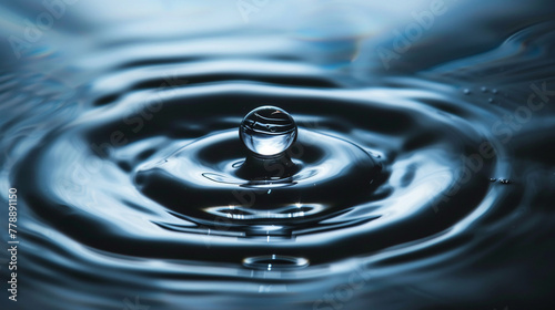 A clear water drop splashes on a blue surface, sending ripples outward