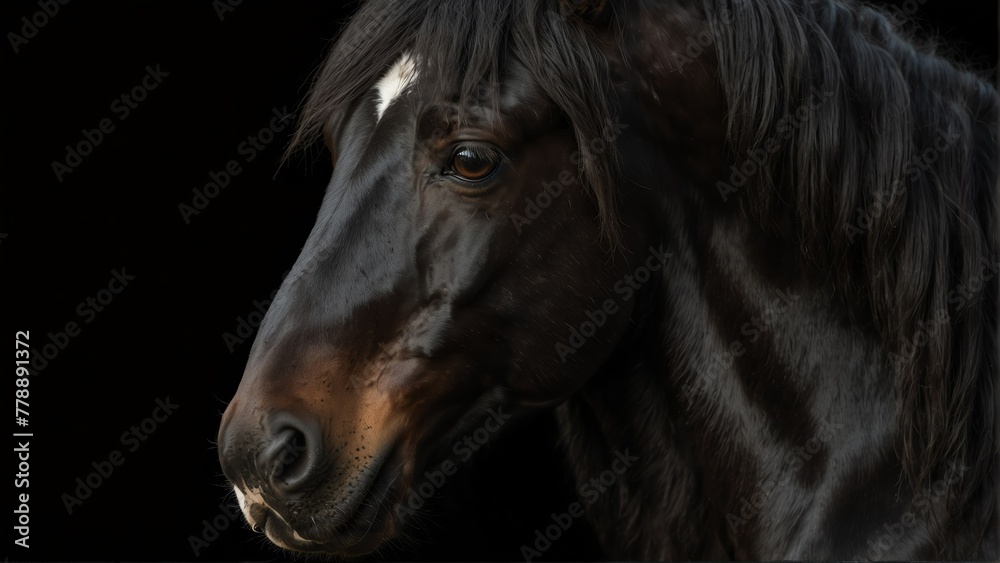 friesian horse close up portrait on plain black background from Generative AI friesian horse close up portrait on plain black background from Generative AI