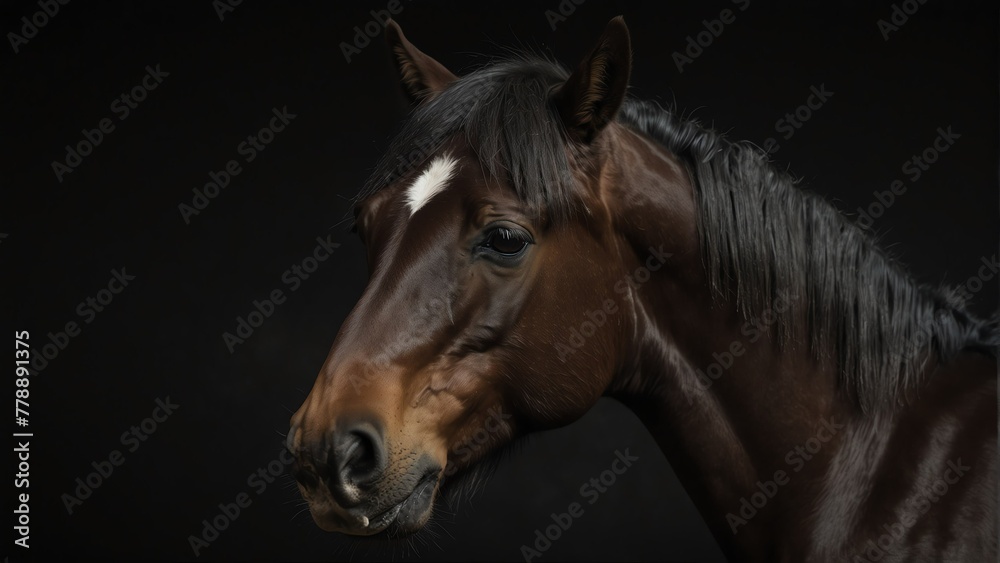 mustang horse close up portrait on plain black background from Generative AI - obrazy, fototapety, plakaty 