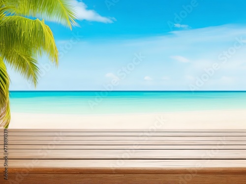 Wooden table top on sandy beach background. Summer and travel concept. AI generated