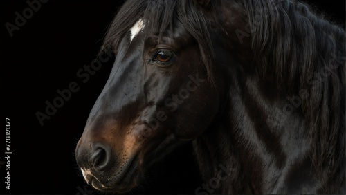 friesian horse close up portrait on plain black background from Generative AI