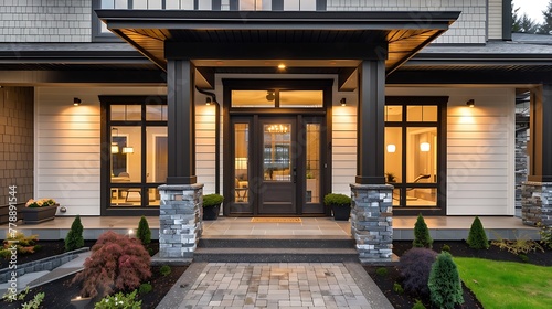 Modern Home Front: Entrance Door Opens to Interior Staircase and Porch