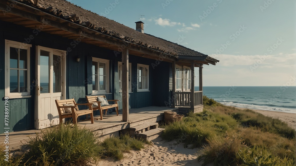 old cottage house on the beach in summer front porch facade view with sea on background from Generative AI
