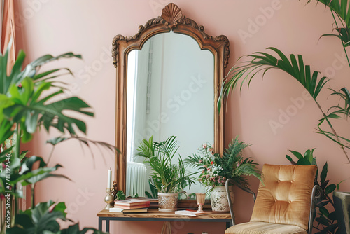Vintage Mirror with Wooden Accents Creating a Charming Reading Corner in a Modern Home photo