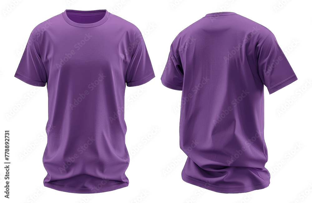 Purple Colored Blank T-Shirt Mockup, Front and Back View, Apparel Design Template on Transparent Background Purple Colored Blank T-Shirt Mockup, Front and Back View, Apparel Design Template on Transparent Background