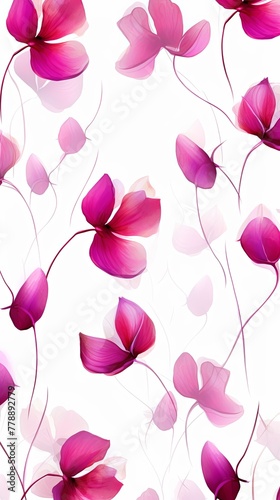Magenta flower petals and leaves on white background seamless watercolor pattern spring floral backdrop 