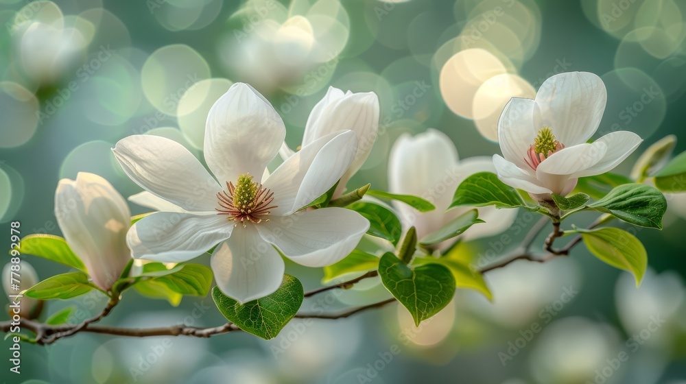   A flower on a tree branch with blurred background due to bokeh and ambient lighting - obrazy, fototapety, plakaty 
