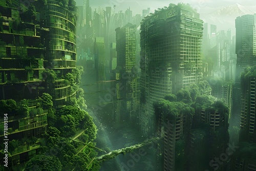 Green dark city skyline with is abandoned and no one live here due to pollution and a lot of foggy and mist photo