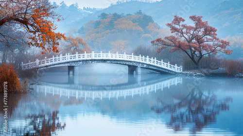 Calm autumn landscape in a city park with colorful foliage reflected in a still pond photo