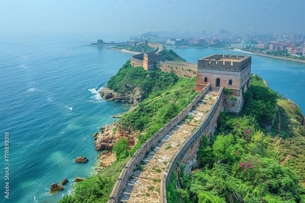 A breathtaking panoramic view of a historic coastal defense system with lush greenery and blue ocean in China