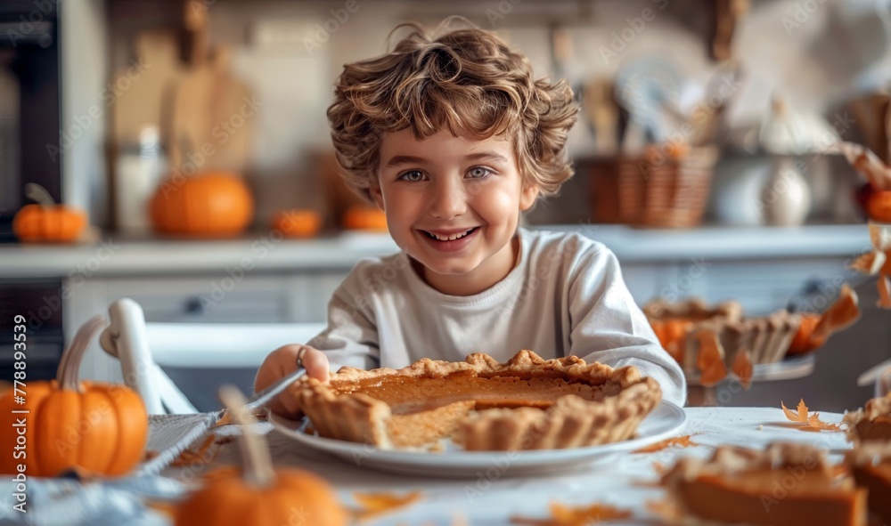 cute little boy with a large pumpkin pie on the background of a light rustic kitchen. A Thanksgiving card. Traditional seasonal autumn pumpkin desserts. A horizontal illustration with space for text. cute little boy with a large pumpkin pie on the background of a light rustic kitchen. A Thanksgiving card. Traditional seasonal autumn pumpkin desserts. A horizontal illustration with space for text.