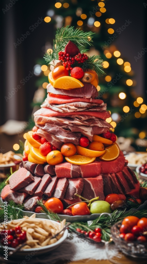 A buffet in the form of a Christmas tree, composed of meat snacks and canapés, against the backdrop of a New Year tree with garlands.
Concept: Christmas dish, catering and table decoration