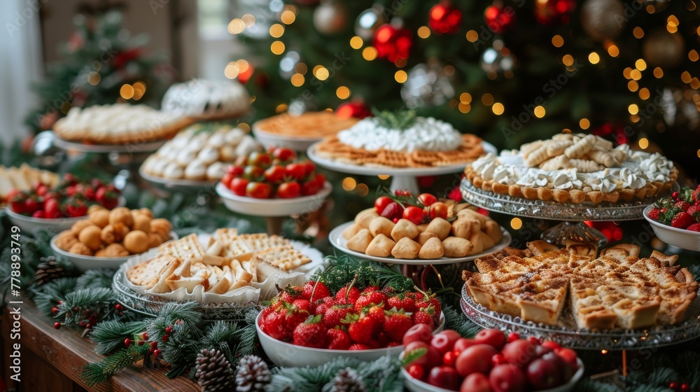 A festive table with a variety of snacks: cheese balls, sliced meats, fresh fruit, decorated against the background of a Christmas tree.
Concept: New Year's menu, catering services