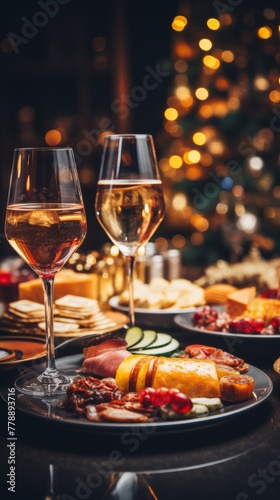 A festive table with a variety of snacks: cheese balls, sliced meats, fresh fruit, decorated against the background of a Christmas tree. Concept: New Year's menu, catering services