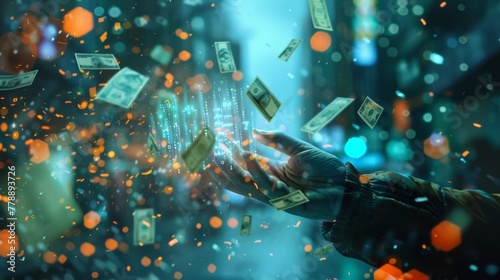 Hand amidst a dynamic scene of floating dollar bills and glowing streams of digital data, surrounded by an atmospheric combination of bokeh lighting and dark backgrounds