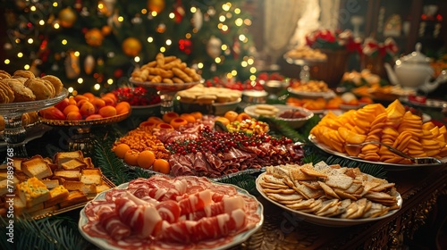 A festive table with a variety of snacks  cheese balls  sliced meats  fresh fruit  decorated against the background of a Christmas tree. Concept  New Year s menu  catering services