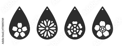 Floral teardrop earrings, pendant or keychain design. Jewelry silhouette laser cut template. Cnc cutting with metal, wood or leather