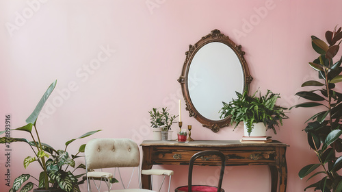 Vintage Mirror with Wooden Accents Creating a Charming Reading Corner in a Modern Home photo
