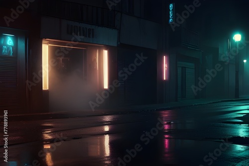 Wet asphalt, reflection of neon lights, a searchlight, smoke. Abstract light in a dark empty street with smoke, smog. Dark background scene of empty street, night view, night Generative AI