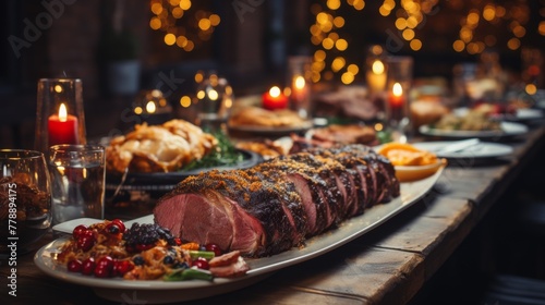 A festive table with a variety of snacks: cheese balls, sliced meats, fresh fruit, decorated against the background of a Christmas tree. Concept: New Year's menu, catering services