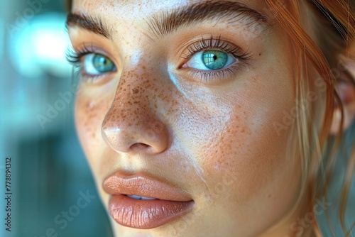 Close-up of woman with freckles on face photo