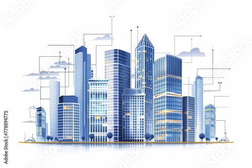 Modern Blue Tone City Skyline Illustration with Abstract Architecture photo