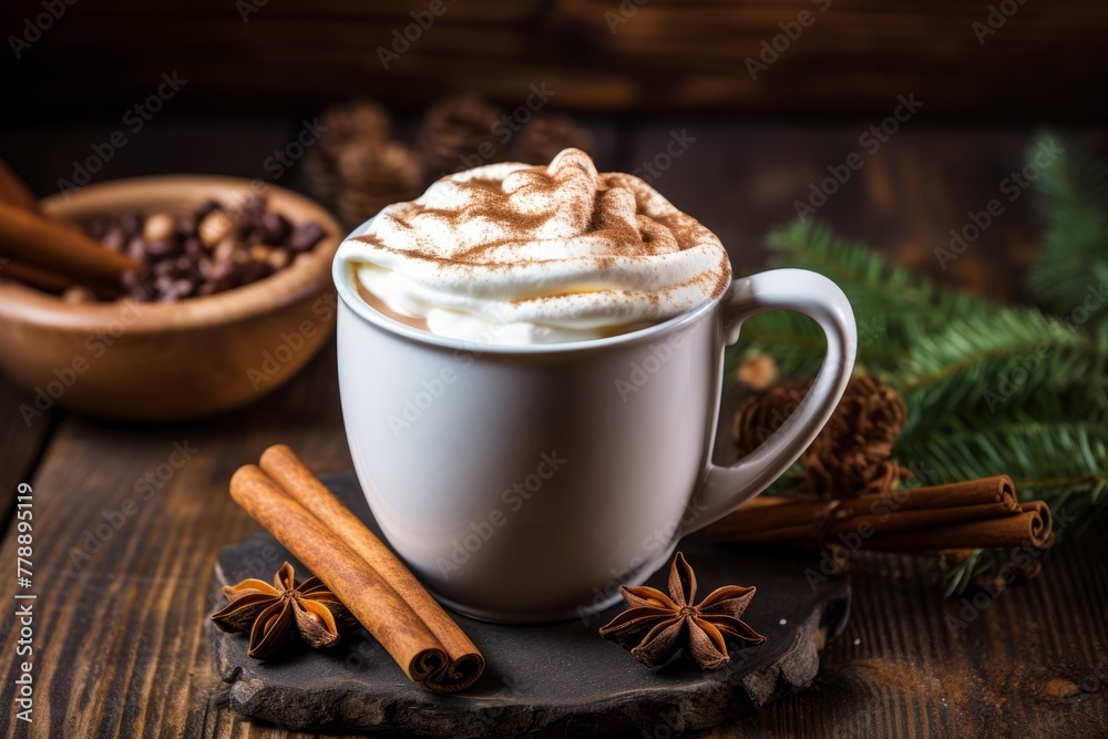 A beautifully presented hot vanilla drink with whipped cream and cinnamon on a rustic table near a crackling fireplace A beautifully presented hot vanilla drink with whipped cream and cinnamon on a rustic table near a crackling fireplace