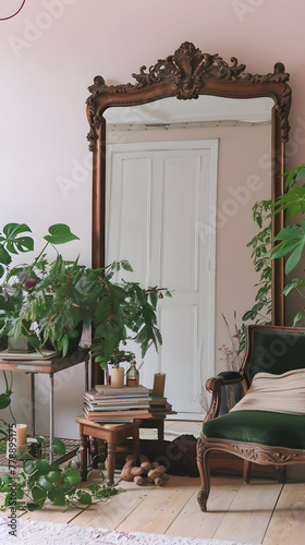 Vintage Mirror with Wooden Accents Creating a Charming Reading Corner in a Modern Home