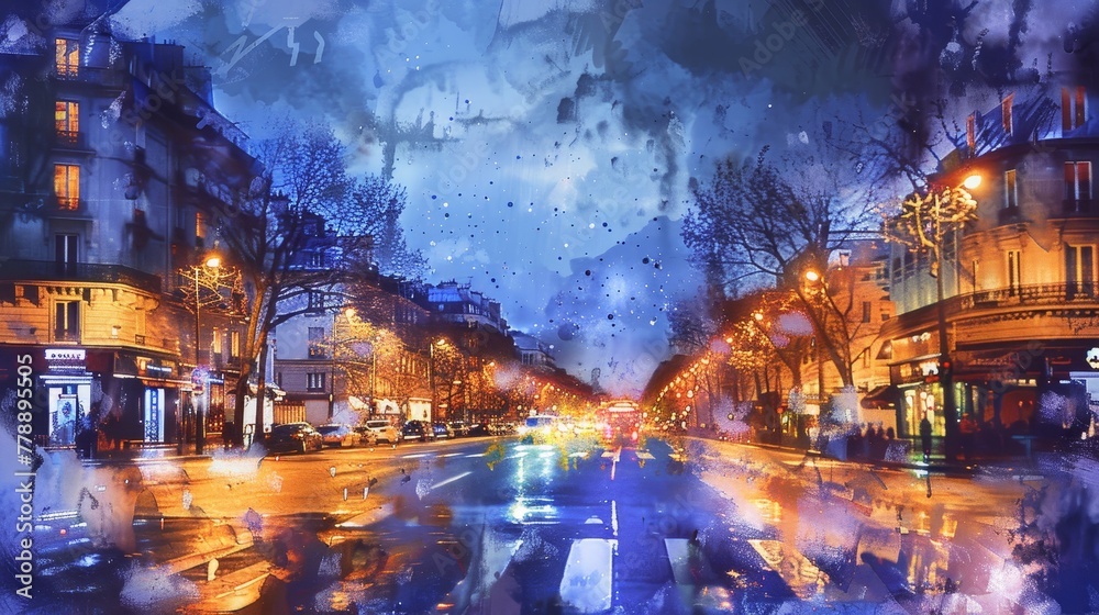 Fototapeta premium Night paris street watercolor painting in light yellow and blue, people and cars absent