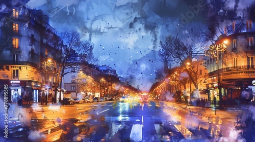 Night paris street watercolor painting in light yellow and blue, people and cars absent