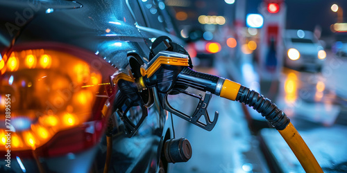 Refueling Car at Gas Station in Vibrant City at Night 