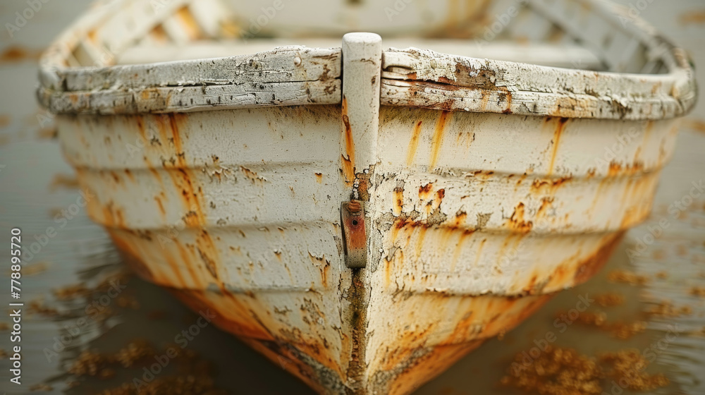  A close-up of a rusted boat in a body of water with a blue-and-white buoy in the background