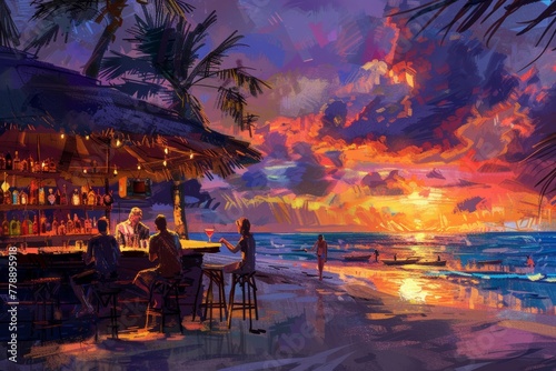 A vibrant beach scene with colorful summer cocktails resting on the sand, overlooking the azure sea