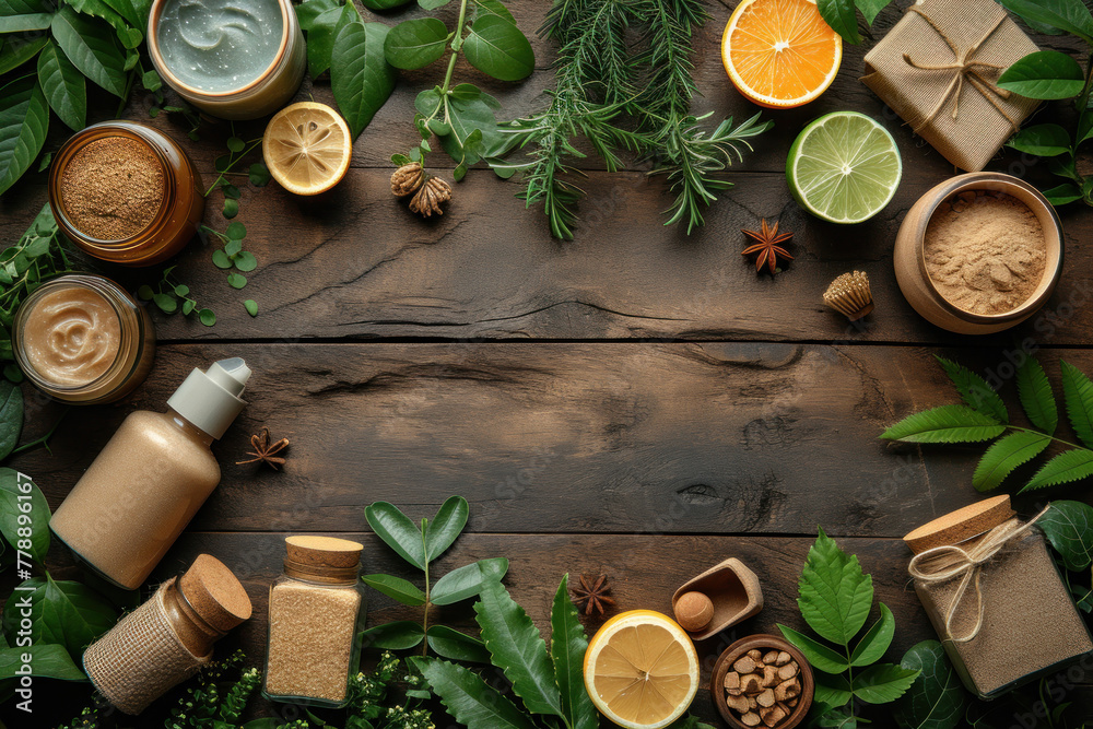 Assorted eco-friendly items on wooden table Assorted eco-friendly items on wooden table