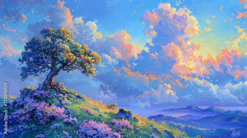 Vibrant Sunset Sky Over Blossoming Hillside Landscape Painting