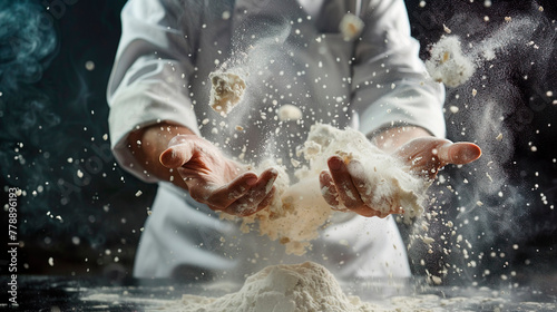 Pastry chef prepares yeast dough with white flour