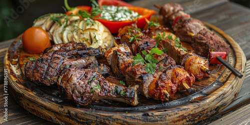Wooden plate with Turkish mixed grilled meat, chicken wings, lamb, beef kebab, kebab, peppers on charcoal grill in restaurant