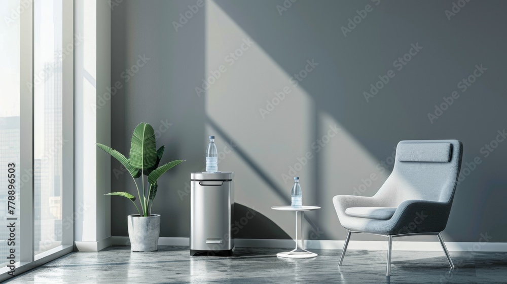 Sleek and modern water cooler in a minimalist office setting with white and grey decor. Sleek and modern water cooler in a minimalist office setting with white and grey decor.
