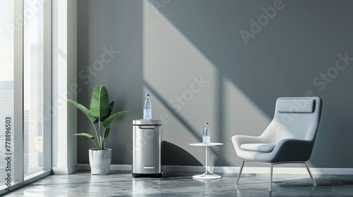 Sleek and modern water cooler in a minimalist office setting with white and grey decor. © Yevhen