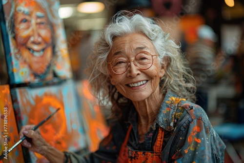 Elderly woman smiling while painting on canvas