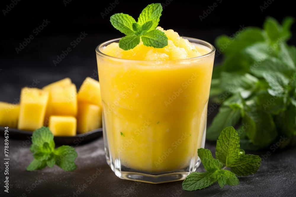 Fototapeta premium A tantalizing close-up image of a tropical pineapple and mango blend drink on a hot summer day